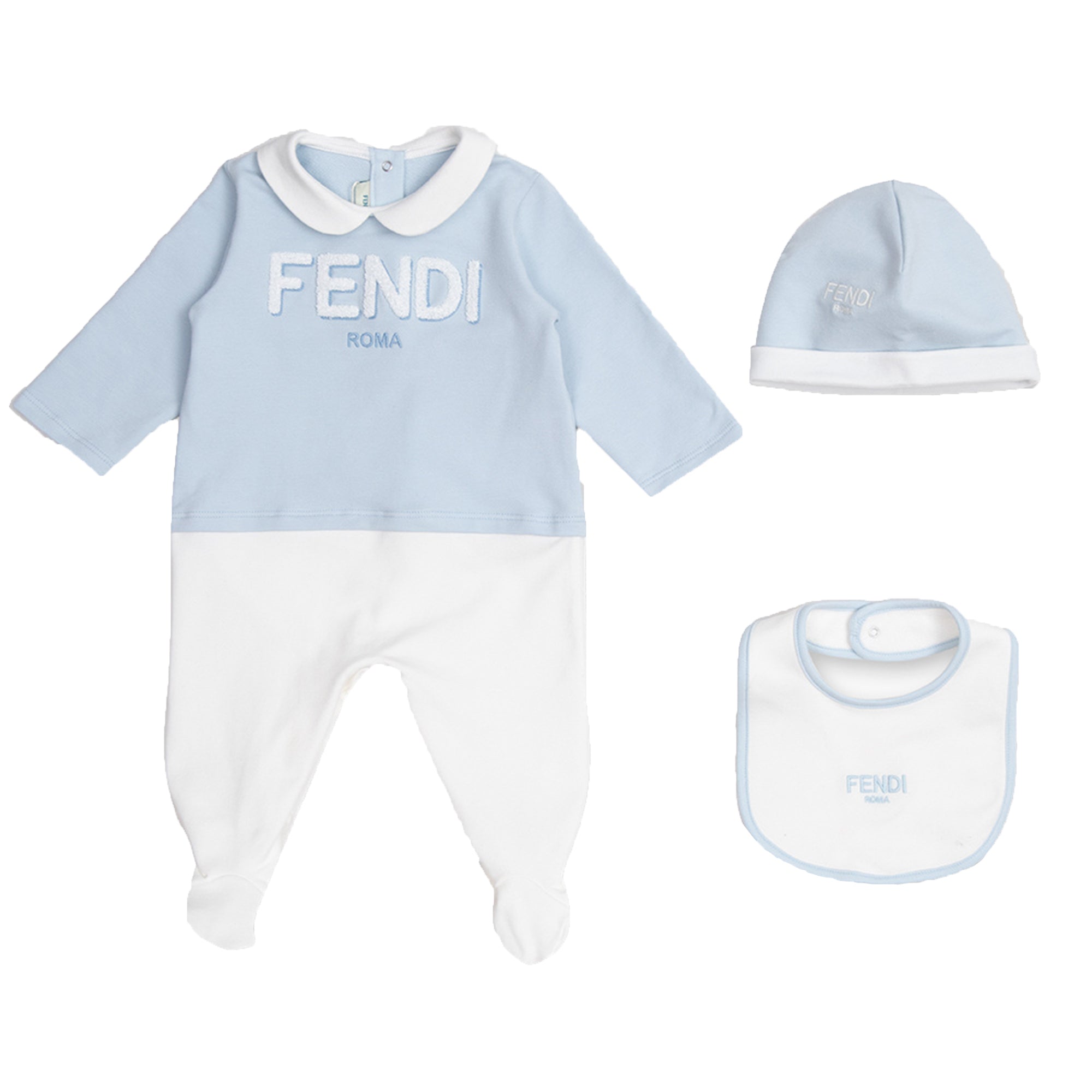 Fendi Baby Boys Babygrow Hat Bib Set Blue