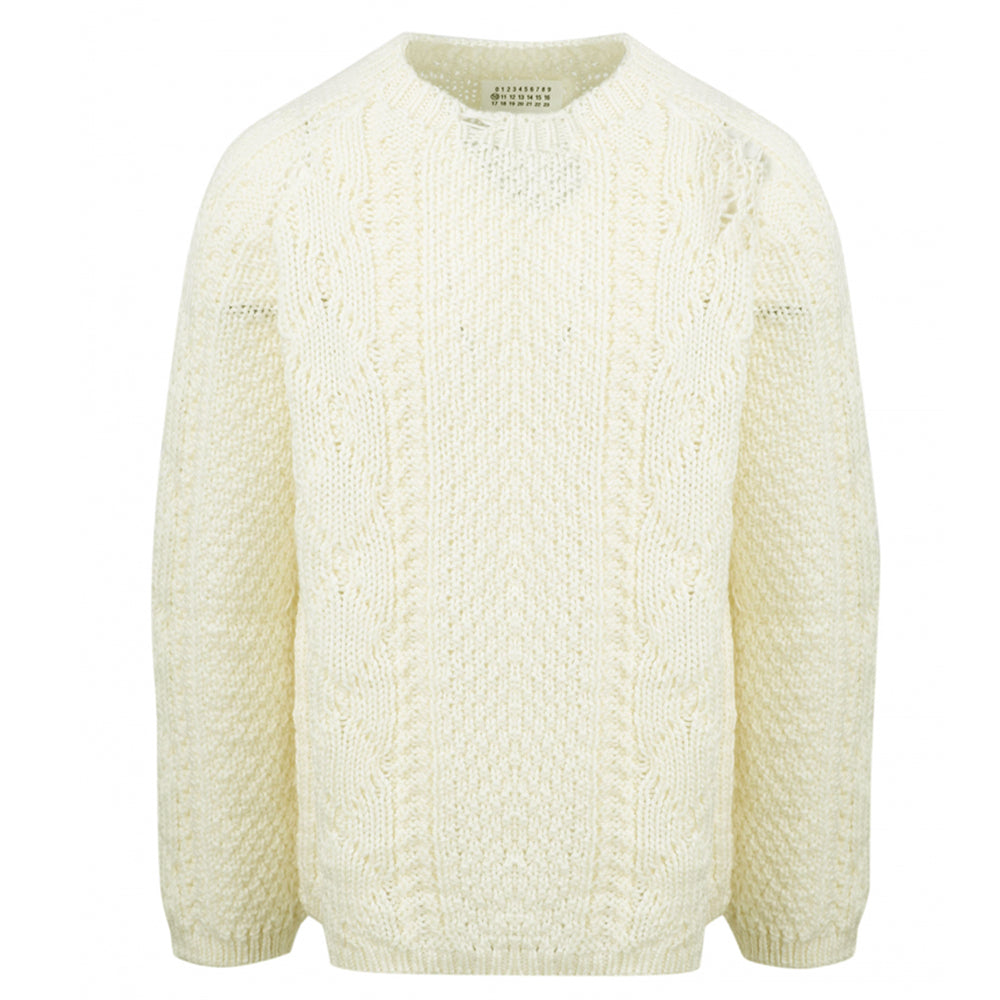 Maison Margiela Mens Distressed Cable Knit Jumper Cream – Maison