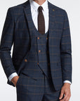 Marc Darcy Mens Tailored Fit Jenson2 Check 3pc Suit Navy