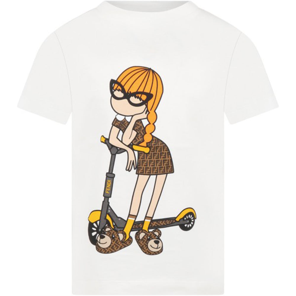 Fendi Girls Doll Scooter Print T-shirt White