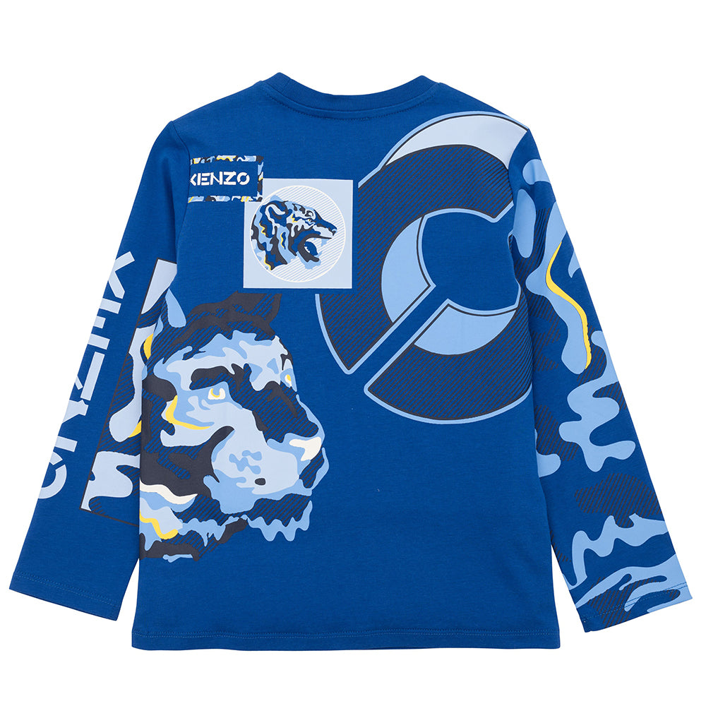 Kenzo Boys K And Tiger Logo T-Shirt Blue