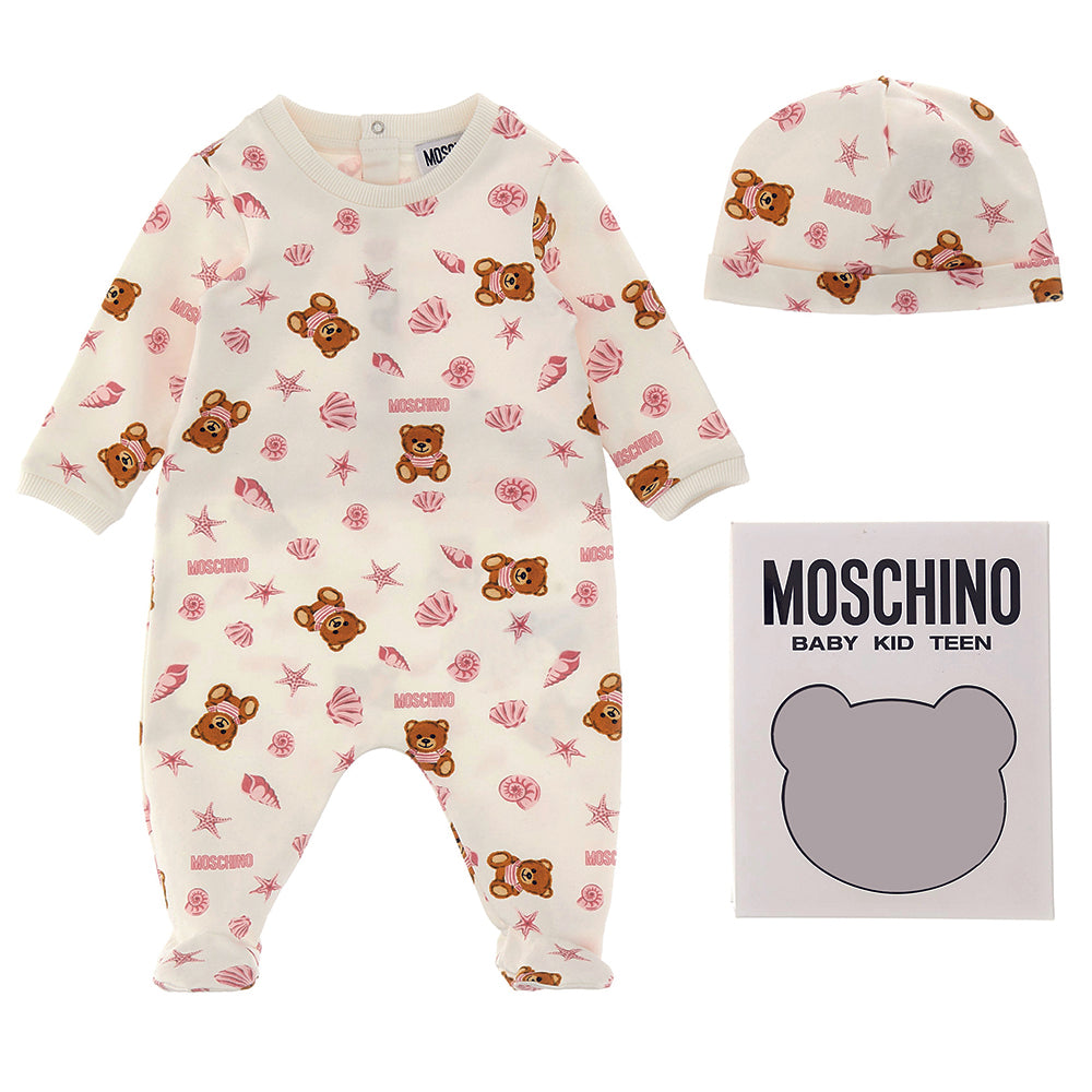 Moschino Baby Girls Babygrow &amp; Hat Gift Set White