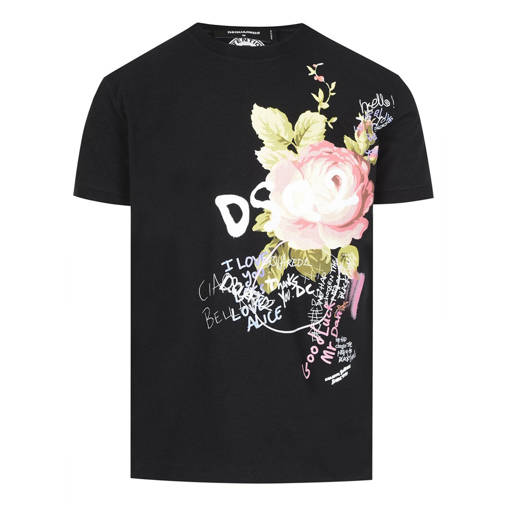 Dsquared2 Men&#39;s Graphic Dan Rose Print T-Shirt Black