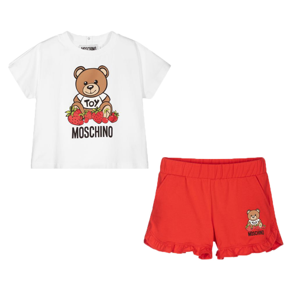 Moschino Baby Girls Bear Strawberry T-Shirt &amp; Shorts Set White